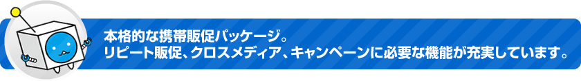 本格的な携帯販促パッケージ。リピート販促、クロスメディア、キャンペーンに必要な機能が充実しています。