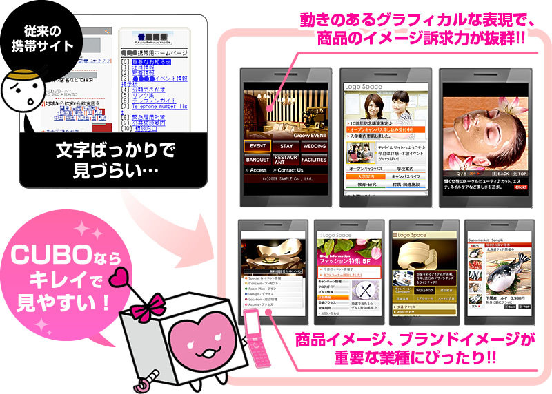 従来の携帯サイトは文字ばっかりで見づらい…　CUBOならキレイで見やすい！